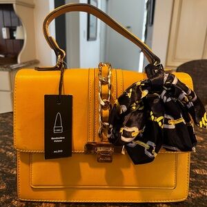 Aldo Mustard Satchel with Chain Scarf Detail